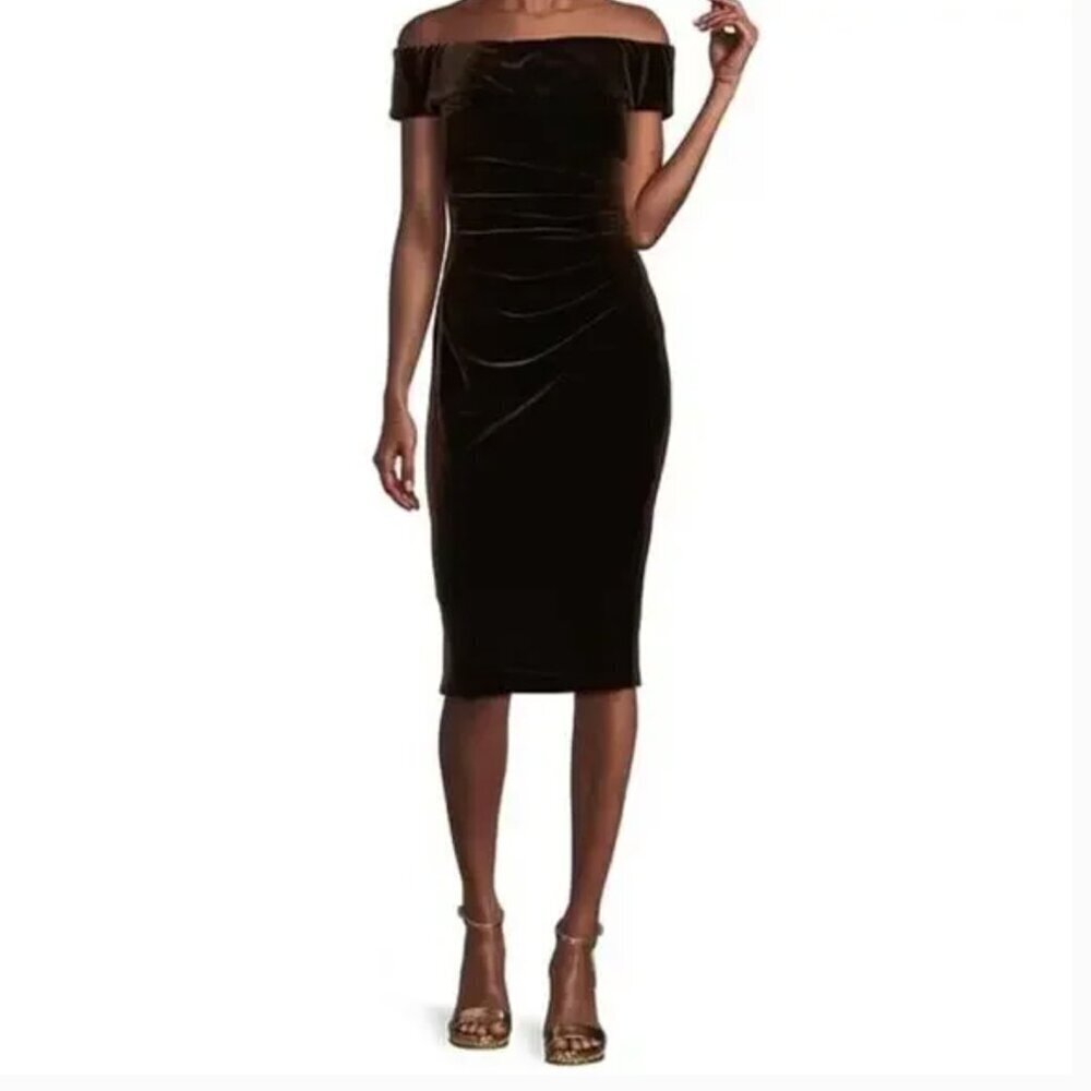 NWT Xscape Off shoulder Velvet Midi Dress Plum Purple Size 12